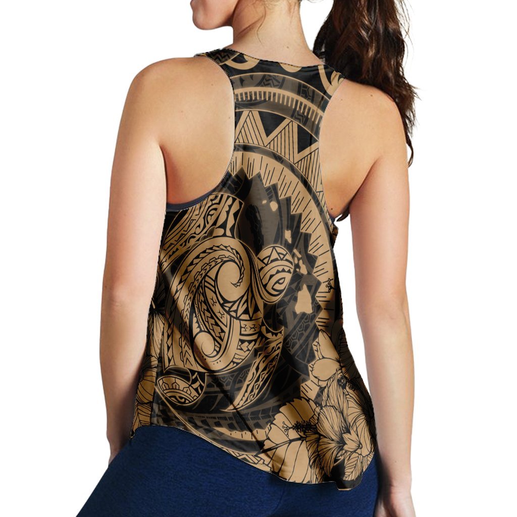 Hawaiian Kanaka Honu Map Hibiscus Globular Polynesian Gold Racerback Tank - AH - Polynesian Pride