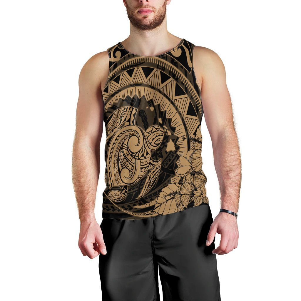 Hawaiian Kanaka Honu Map Hibiscus Globular Polynesian Gold Tank Top - AH Black - Polynesian Pride