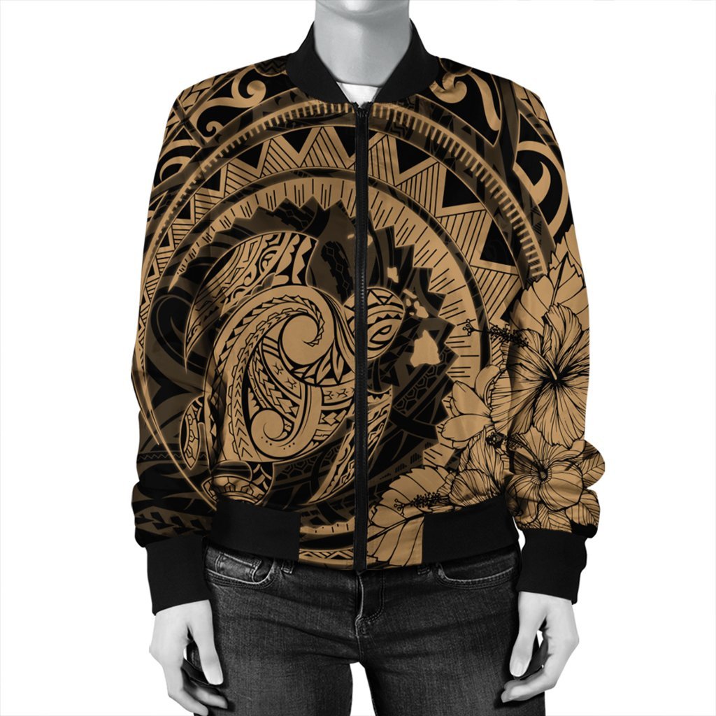 Hawaiian Kanaka Honu Map Hibiscus Globular Polynesian Gold Bomber Jacket - AH - Polynesian Pride