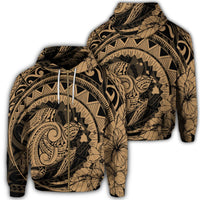 Hawaiian Kanaka Honu Map Hibiscus Globular Polynesian Gold Zip Hoodie Unisex Art - Polynesian Pride