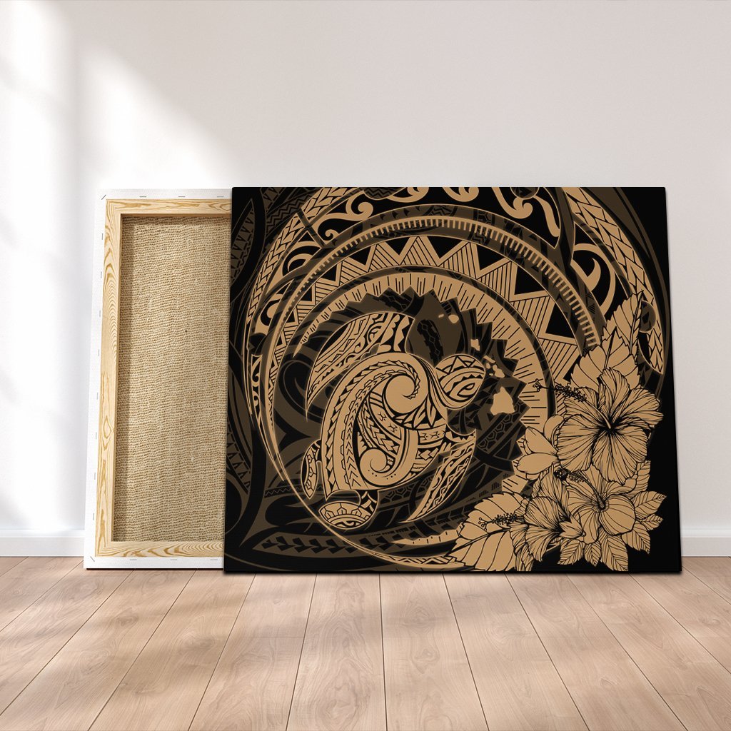 Hawaiian Kanaka Honu Map Hibiscus Globular Polynesian Gold Canvas - AH Canvas Poly-cotton - Polynesian Pride