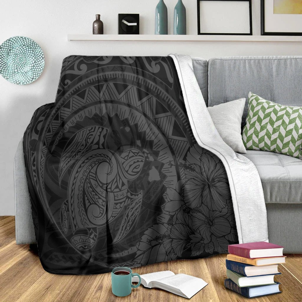 Hawaiian Kanaka Honu Map Hibiscus Globular Polynesian Gray Premium Blankets - AH - Polynesian Pride