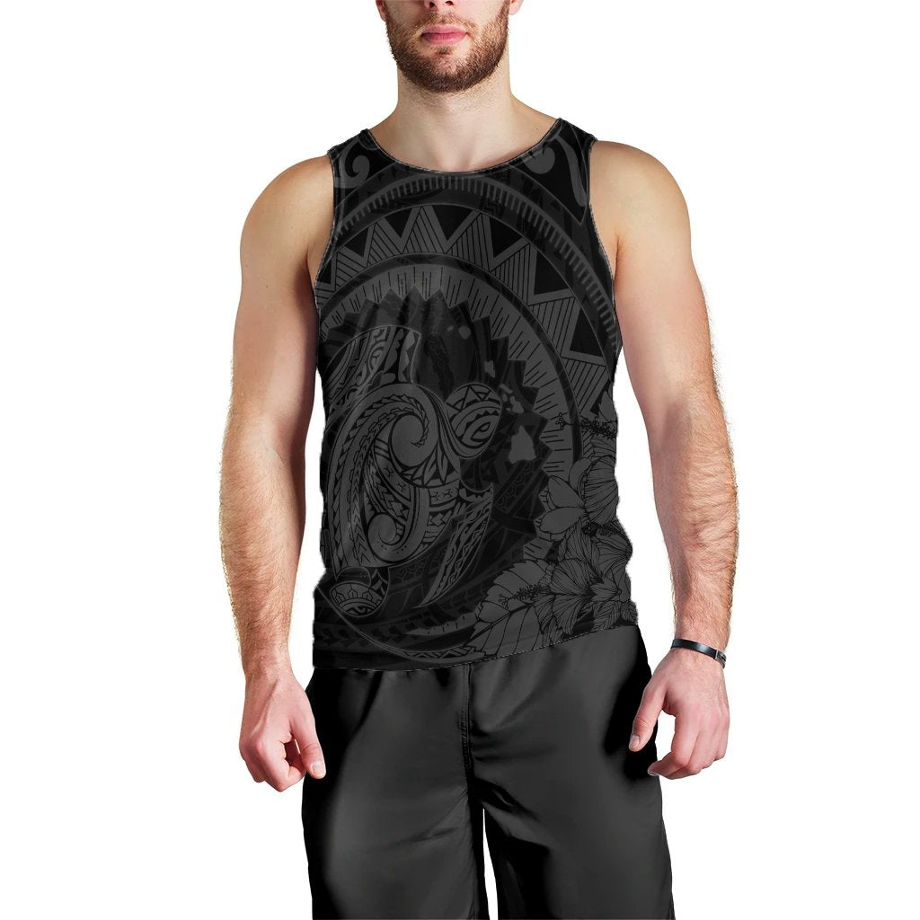 Hawaiian Kanaka Honu Map Hibiscus Globular Polynesian Gray Tank Top - AH Black - Polynesian Pride