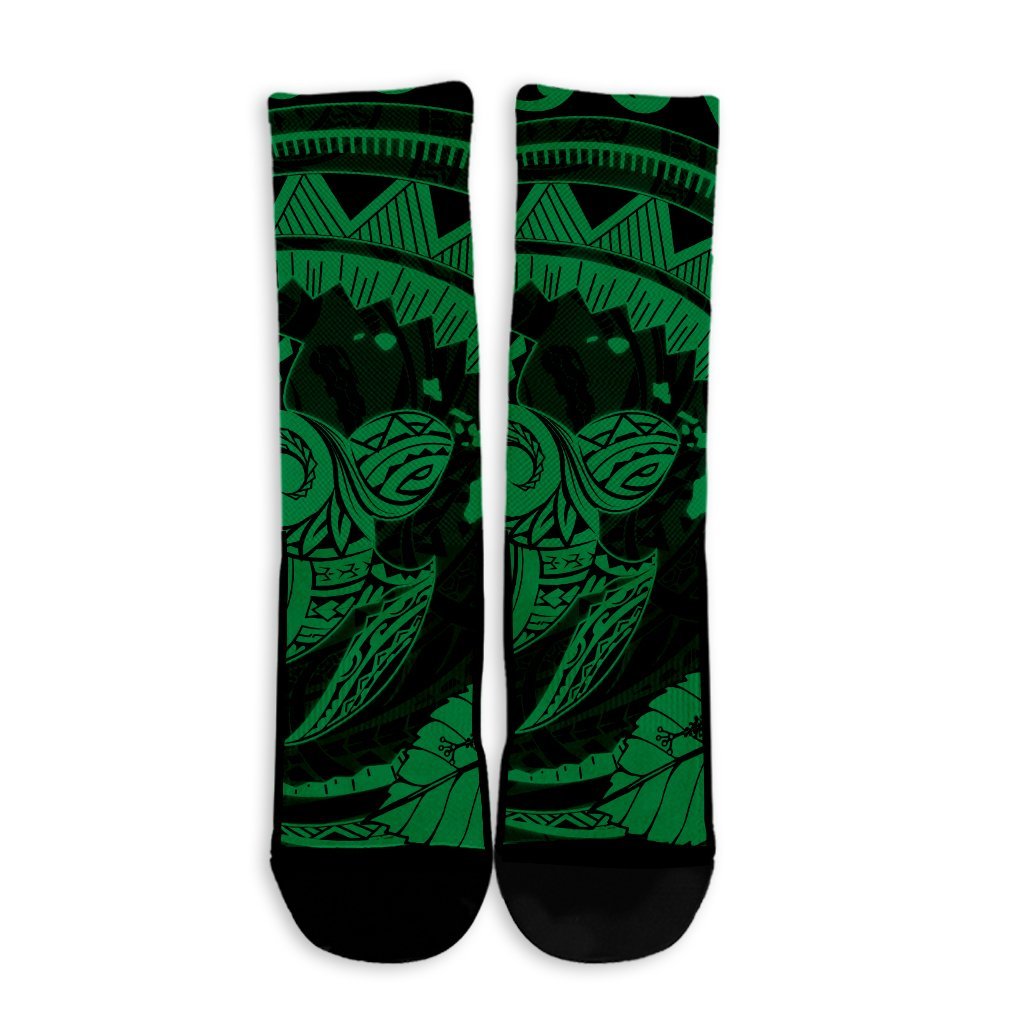 Hawaiian Kanaka Honu Map Hibiscus Globular Polynesian Green Crew Socks - AH - Polynesian Pride
