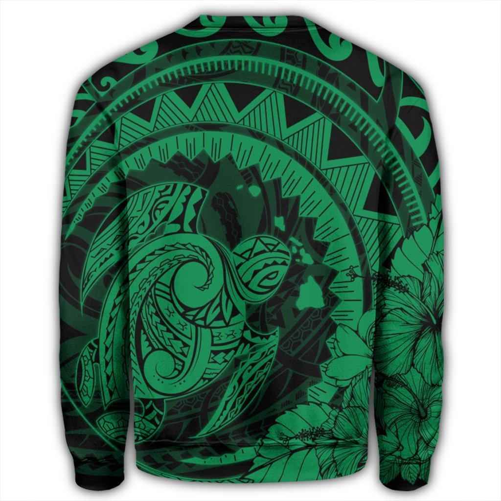 Hawaiian Kanaka Honu Map Hibiscus Globular Polynesian Green Sweatshirt - AH - Polynesian Pride