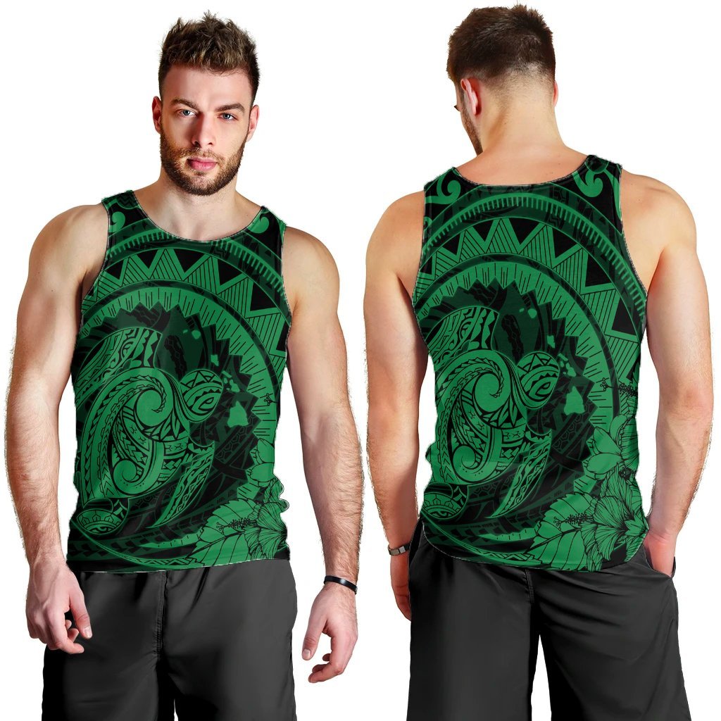 Hawaiian Kanaka Honu Map Hibiscus Globular Polynesian Green Tank Top - AH - Polynesian Pride