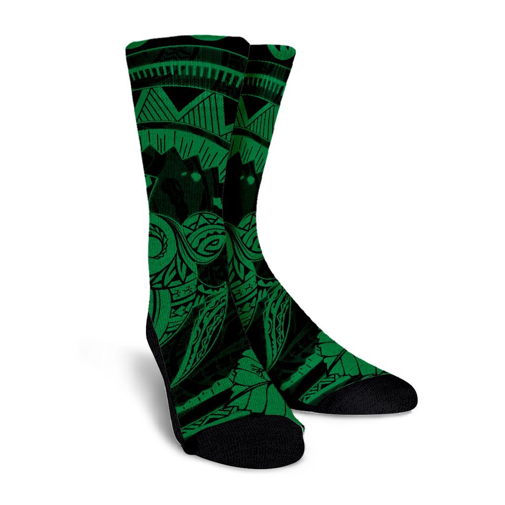 Hawaiian Kanaka Honu Map Hibiscus Globular Polynesian Green Crew Socks - AH - Polynesian Pride