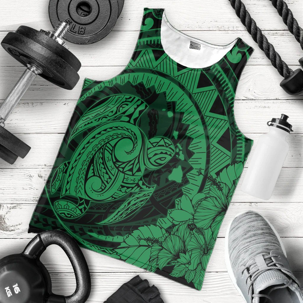 Hawaiian Kanaka Honu Map Hibiscus Globular Polynesian Green Tank Top - AH - Polynesian Pride