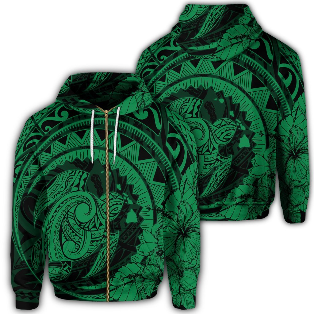 Hawaiian Kanaka Honu Map Hibiscus Globular Polynesian Green Zip Hoodie Unisex Art - Polynesian Pride