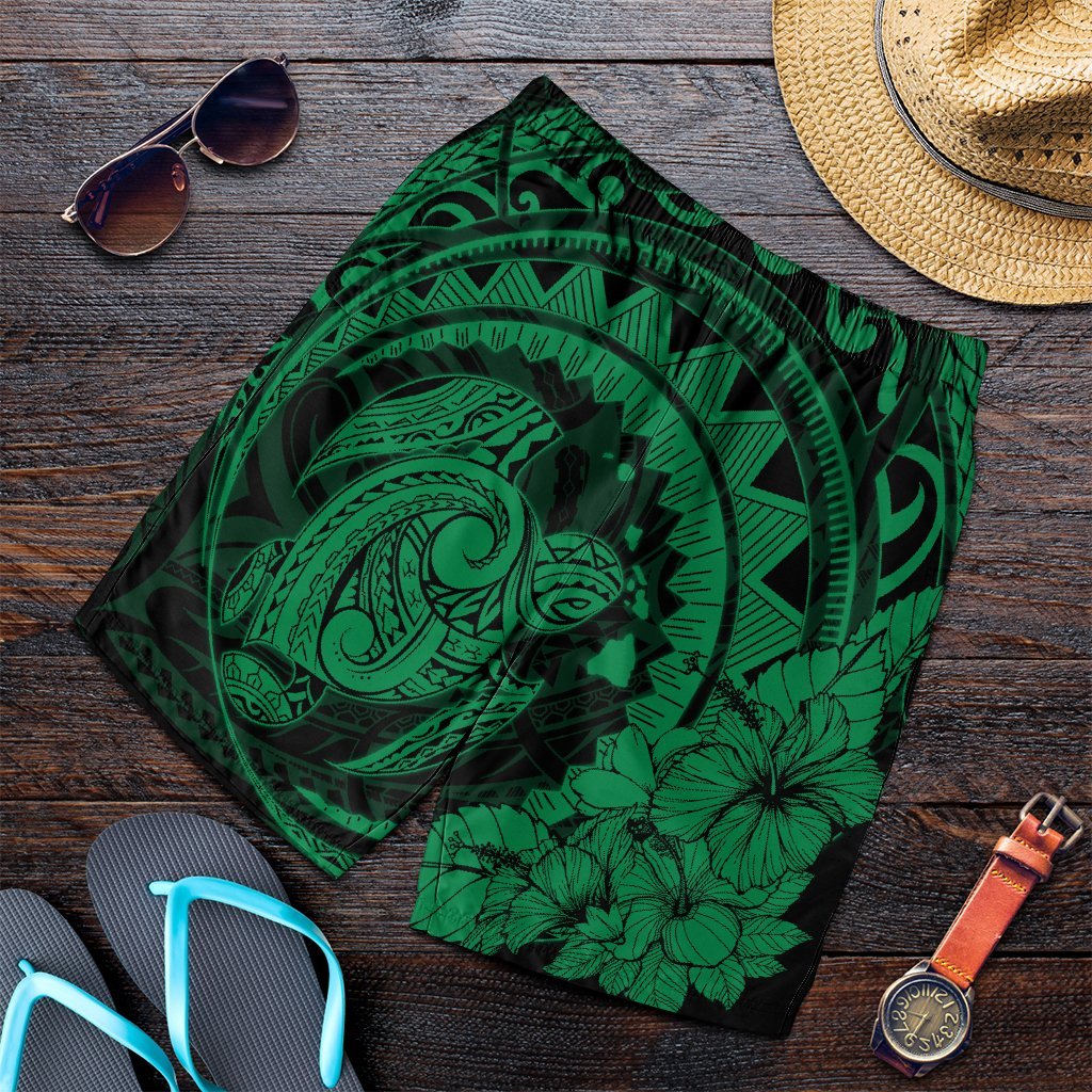 Hawaiian Kanaka Honu Map Hibiscus Globular Polynesian Green Men's Shorts - AH Art - Polynesian Pride