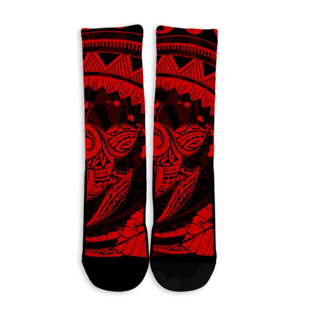 Hawaiian Kanaka Honu Map Hibiscus Globular Polynesian Red Crew Socks - AH - Polynesian Pride