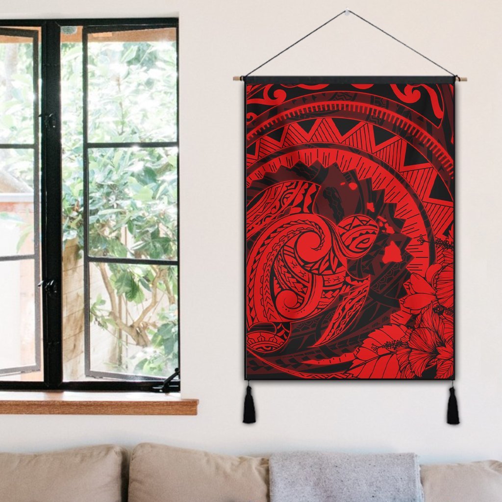 Hawaiian Kanaka Honu Map Hibiscus Globular Polynesian Red Hanging Poster - AH - Polynesian Pride