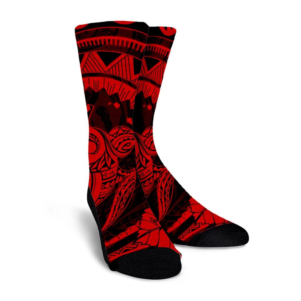 Hawaiian Kanaka Honu Map Hibiscus Globular Polynesian Red Crew Socks - AH - Polynesian Pride