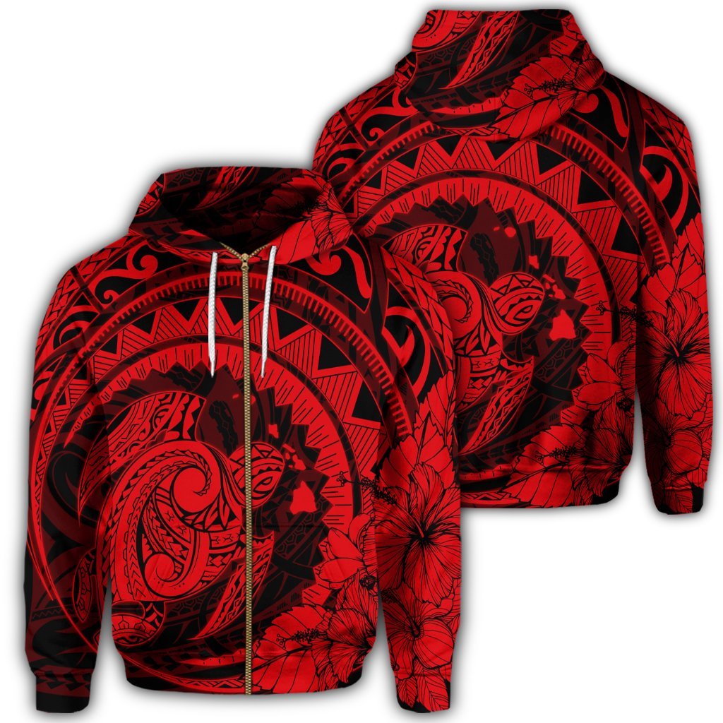 Hawaiian Kanaka Honu Map Hibiscus Globular Polynesian Red Zip Hoodie Unisex Art - Polynesian Pride