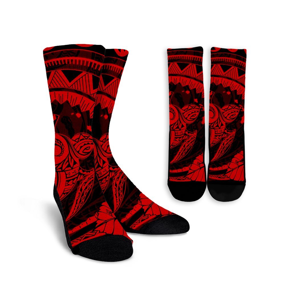 Hawaiian Kanaka Honu Map Hibiscus Globular Polynesian Red Crew Socks - AH Crew Socks White - Polynesian Pride