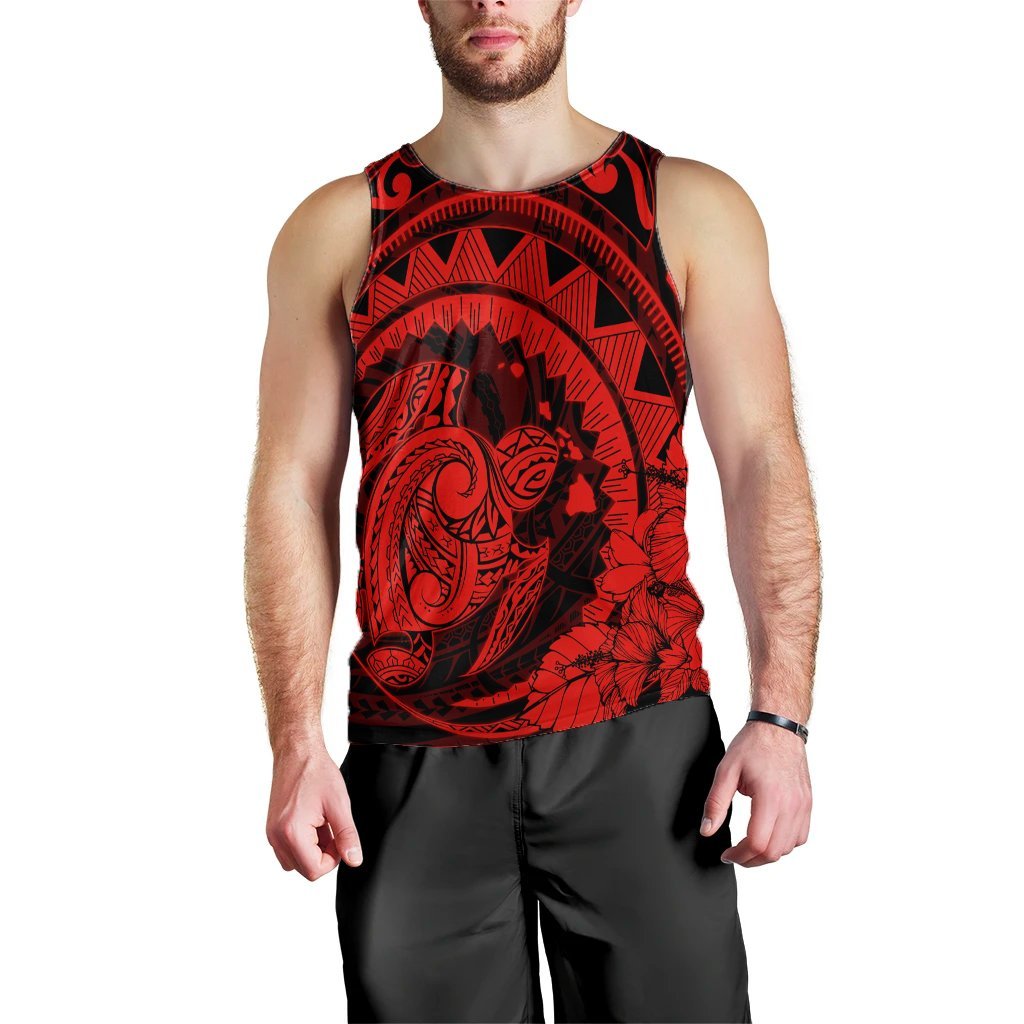 Hawaiian Kanaka Honu Map Hibiscus Globular Polynesian Red Tank Top - AH Black - Polynesian Pride