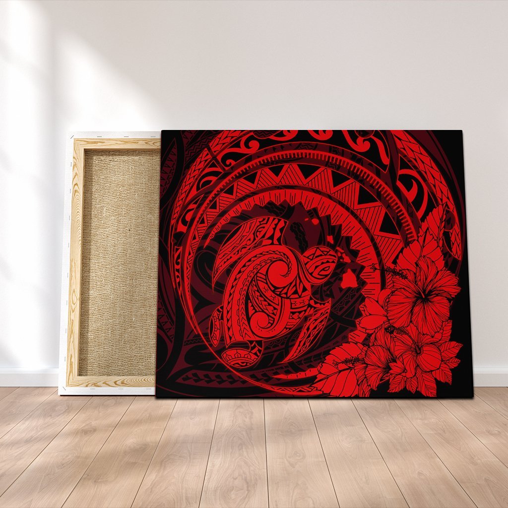 Hawaiian Kanaka Honu Map Hibiscus Globular Polynesian Red Canvas - AH Canvas Poly-cotton - Polynesian Pride