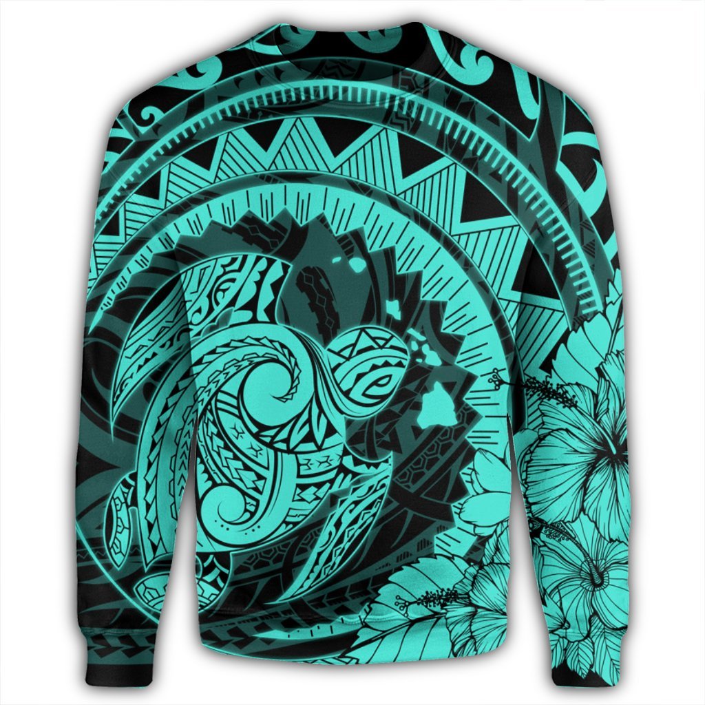 Hawaiian Kanaka Honu Map Hibiscus Globular Polynesian Turquoise Sweatshirt - AH - Polynesian Pride