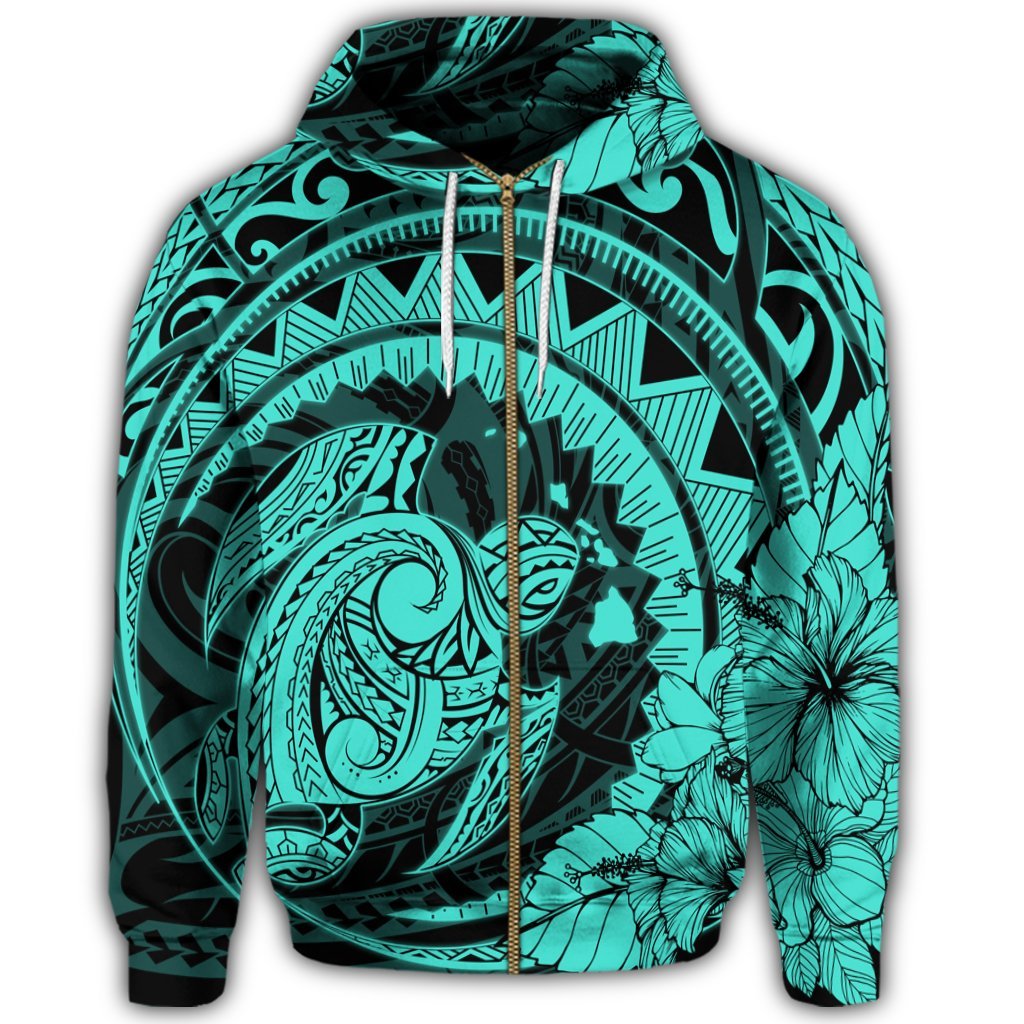 Hawaiian Kanaka Honu Map Hibiscus Globular Polynesian Turquoise Zip Hoodie - Polynesian Pride