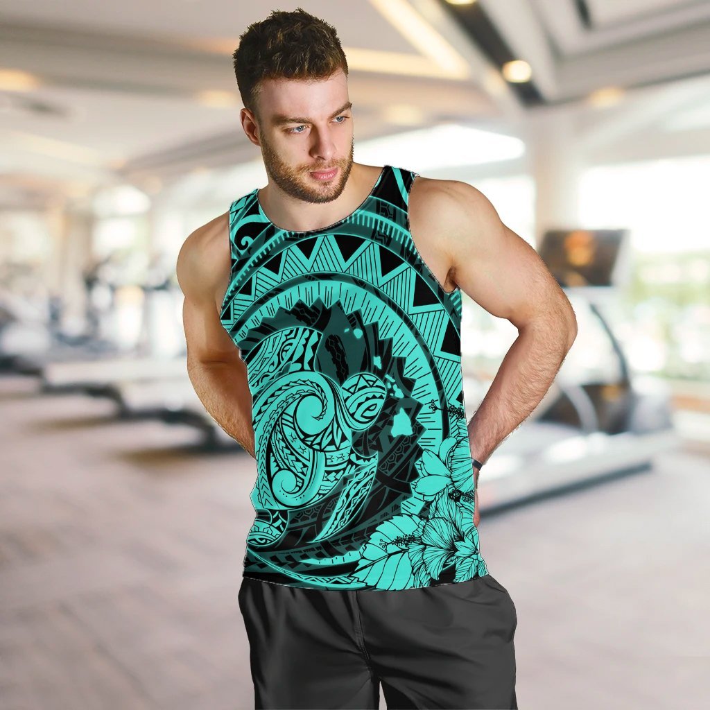 Hawaiian Kanaka Honu Map Hibiscus Globular Polynesian Turquoise Tank Top - AH - Polynesian Pride