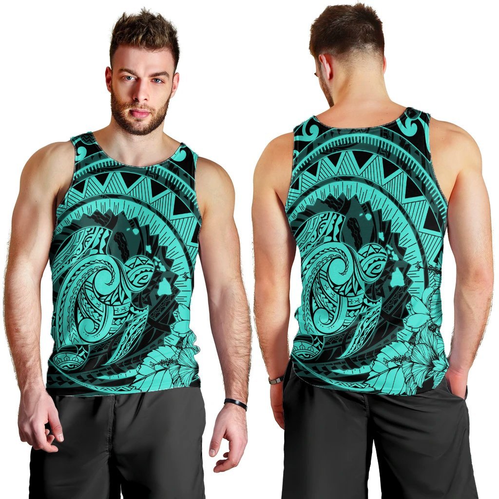 Hawaiian Kanaka Honu Map Hibiscus Globular Polynesian Turquoise Tank Top - AH - Polynesian Pride