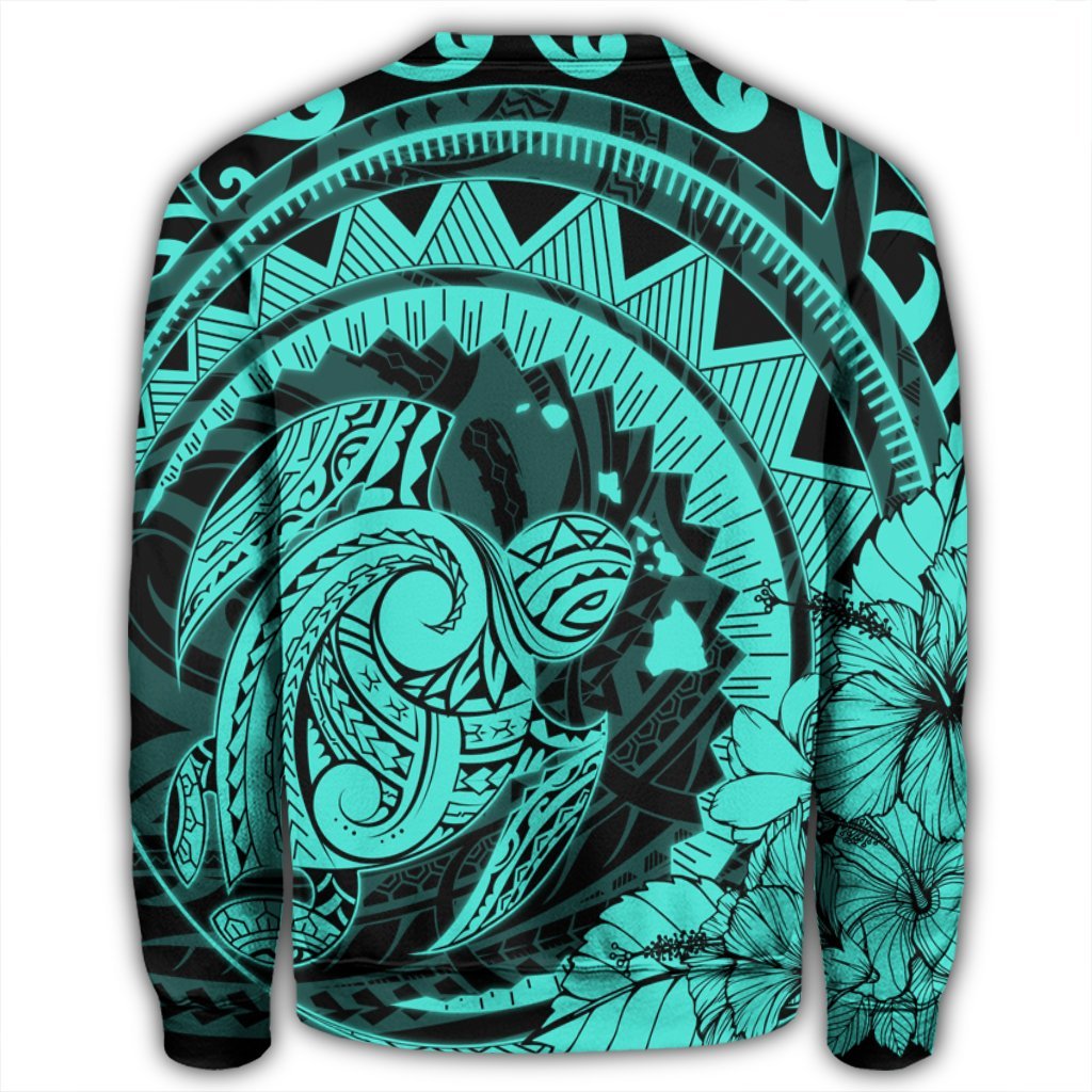 Hawaiian Kanaka Honu Map Hibiscus Globular Polynesian Turquoise Sweatshirt - AH - Polynesian Pride