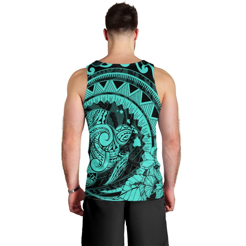 Hawaiian Kanaka Honu Map Hibiscus Globular Polynesian Turquoise Tank Top - AH - Polynesian Pride