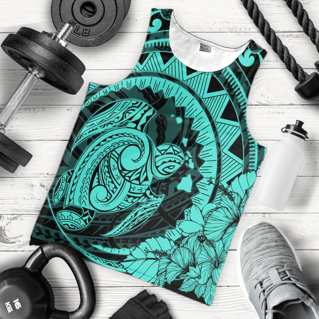 Hawaiian Kanaka Honu Map Hibiscus Globular Polynesian Turquoise Tank Top - AH - Polynesian Pride