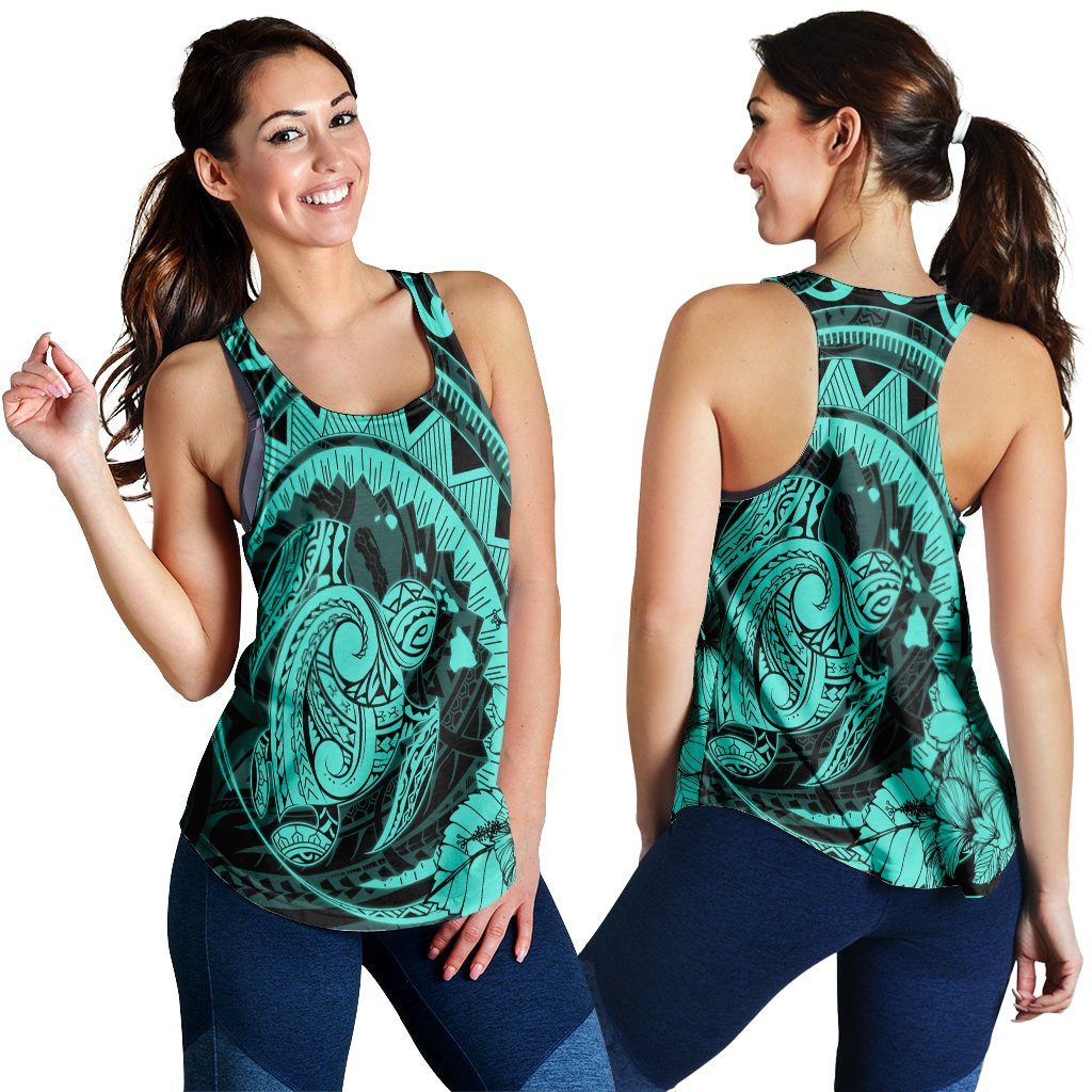 Hawaiian Kanaka Honu Map Hibiscus Globular Polynesian Turquoise Racerback Tank - AH Black - Polynesian Pride