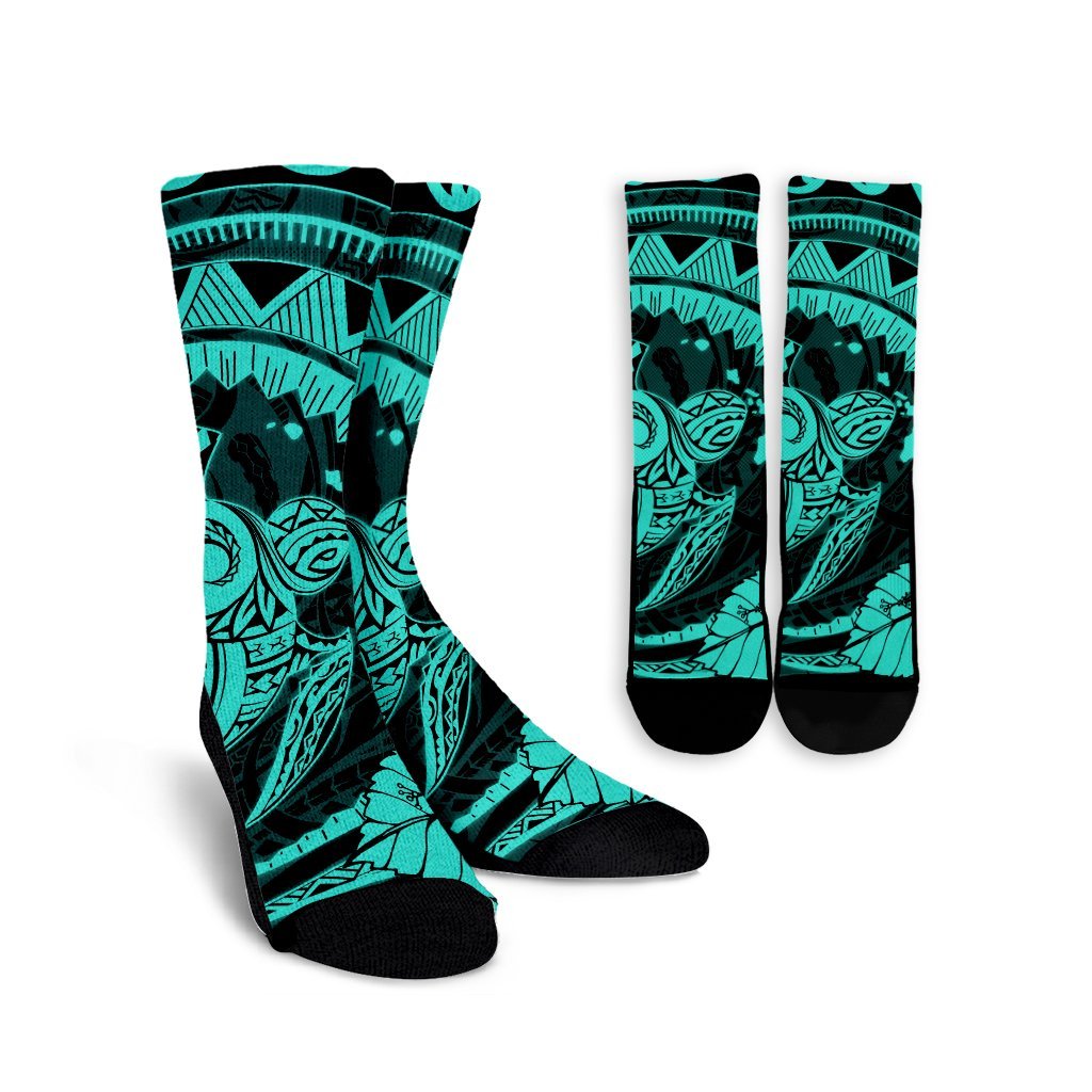 Hawaiian Kanaka Honu Map Hibiscus Globular Polynesian Turquoise Crew Socks - AH Crew Socks White - Polynesian Pride