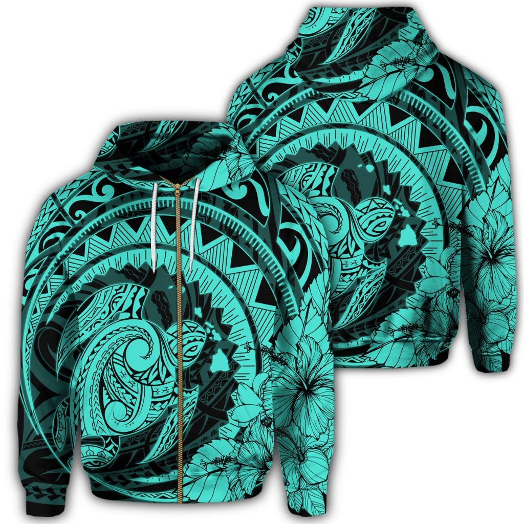 Hawaiian Kanaka Honu Map Hibiscus Globular Polynesian Turquoise Zip Hoodie Unisex Art - Polynesian Pride