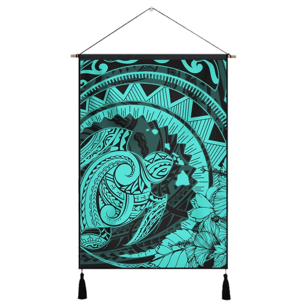 Hawaiian Kanaka Honu Map Hibiscus Globular Polynesian Turquoise Hanging Poster - AH Hanging Poster Cotton And Linen - Polynesian Pride