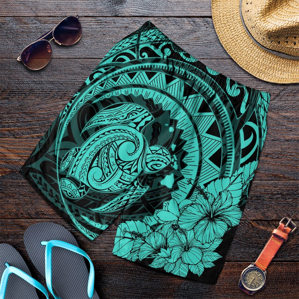 Hawaiian Kanaka Honu Map Hibiscus Globular Polynesian Turquoise Men's Shorts - AH Art - Polynesian Pride