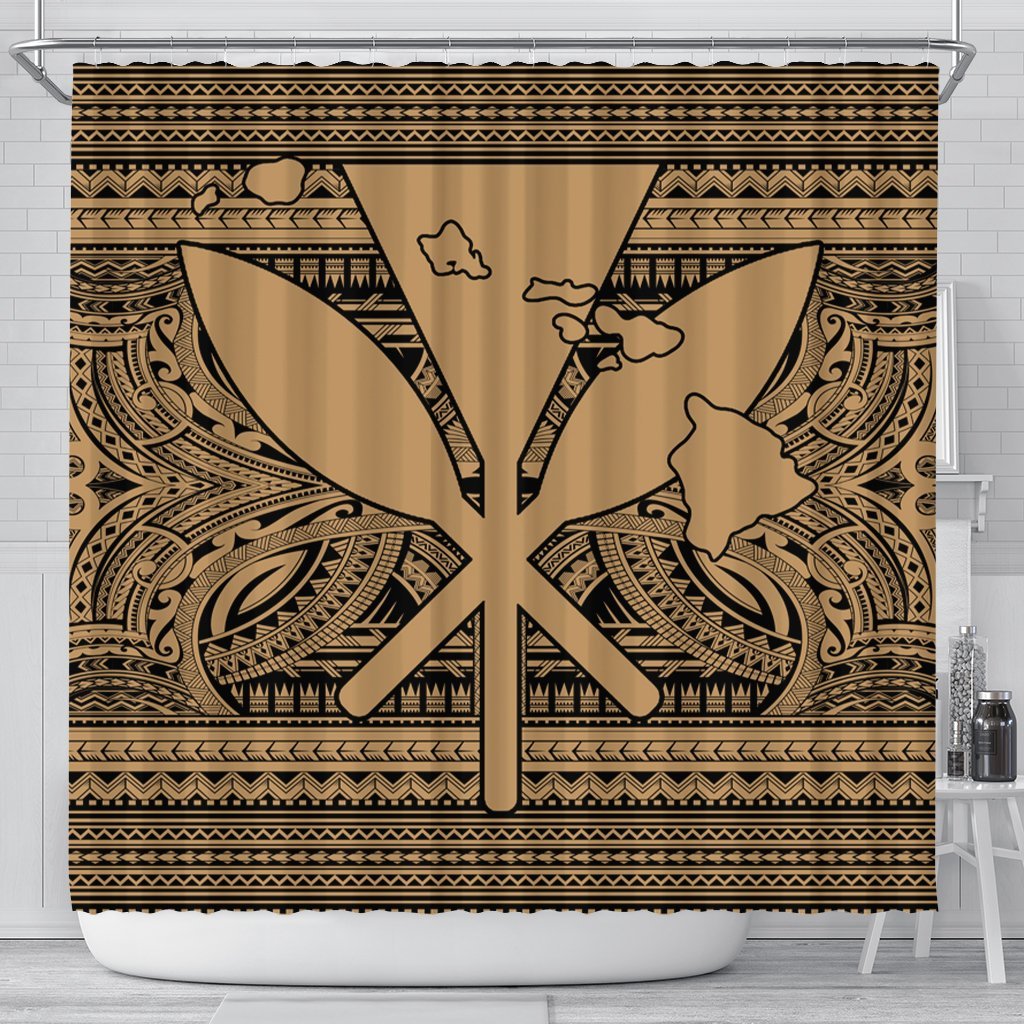 Hawaiian Kanaka Polynesian Tribal Shower Curtain Reggae Color Gold AH 177 x 172 (cm) Black - Polynesian Pride