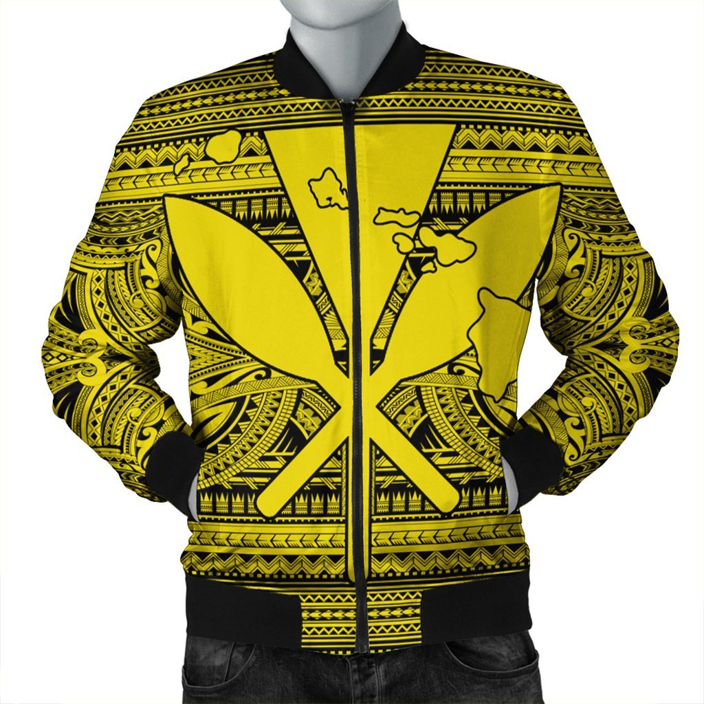 Hawaiian Kanaka Polynesian Tribal Bomber Jacket Reggae Color Yellow AH Black Unisex - Polynesian Pride