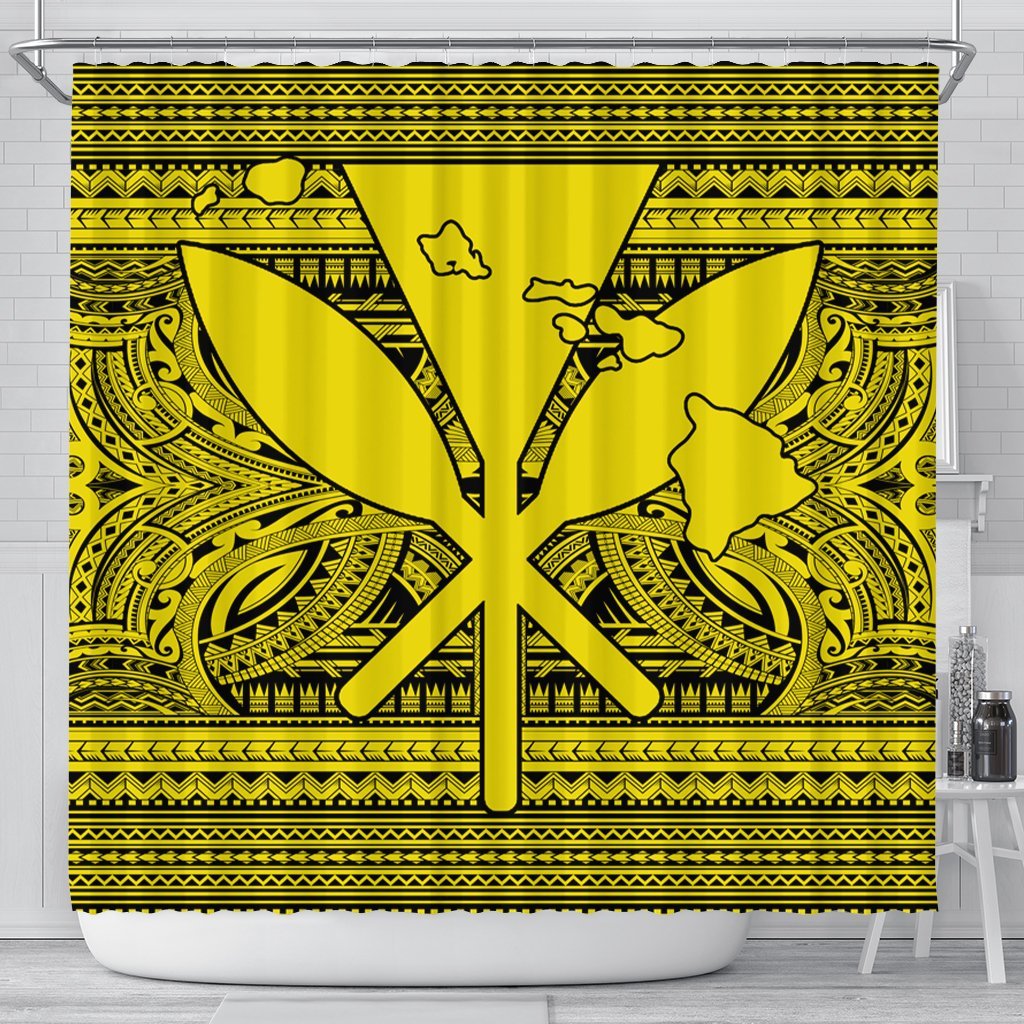 Hawaiian Kanaka Polynesian Tribal Shower Curtain Reggae Color Yellow AH 177 x 172 (cm) Black - Polynesian Pride
