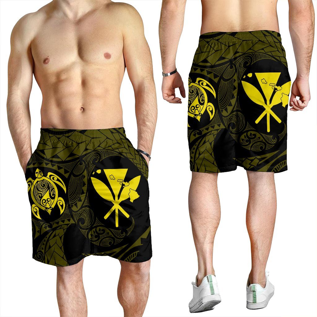 Hawaiian Kanaka Turtle Polynesian Men's Shorts Yellow AH - Polynesian Pride