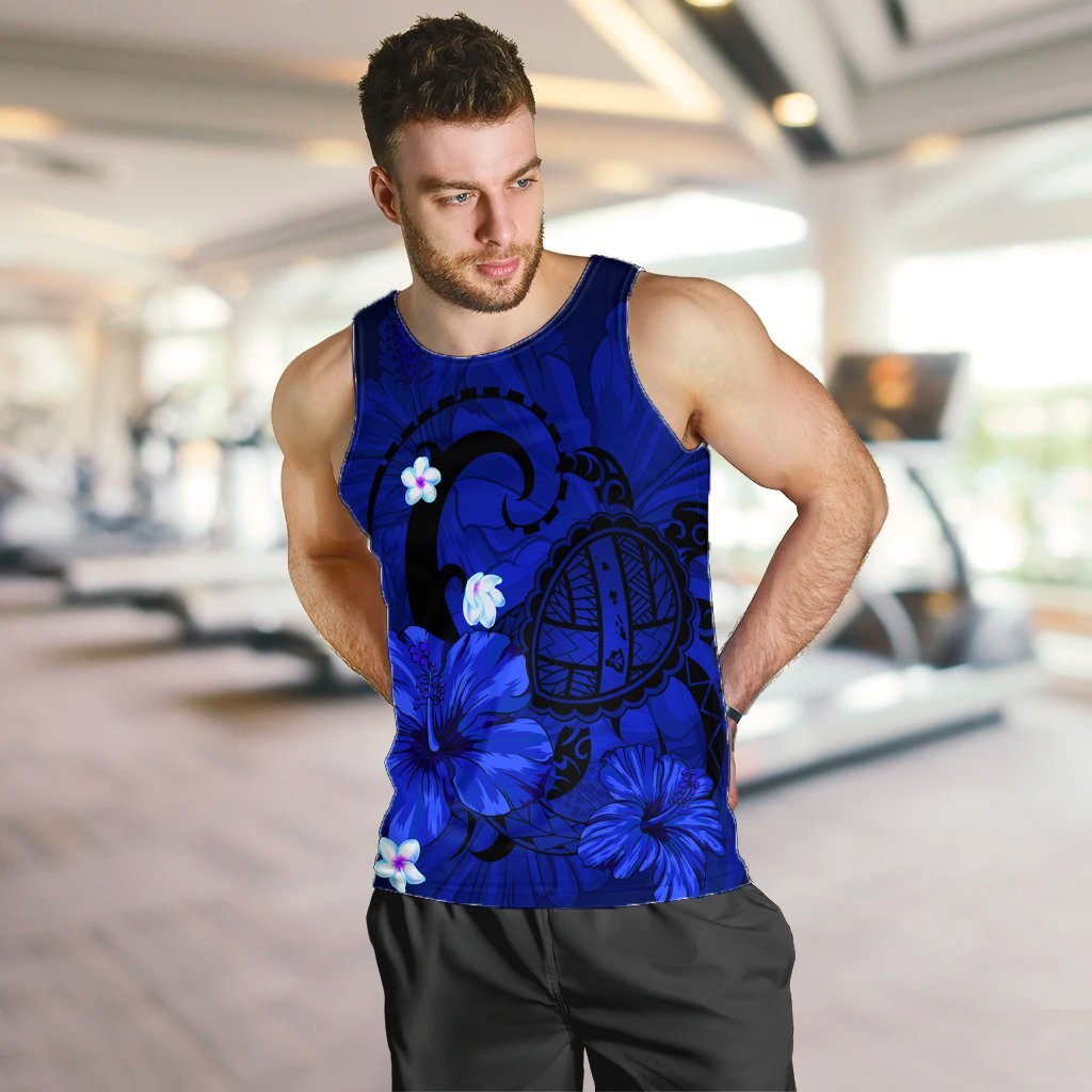 Hawaiian Map Big Turtle Hibiscus Plumeria Tribal Polynesian Tank Top - Blue - AH - Polynesian Pride