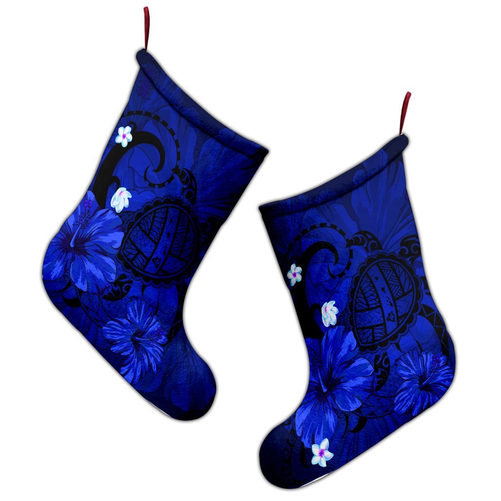 Hawaiian Map Big Turtle Hibiscus Plumeria Tribal Polynesian Christmas Stocking - Blue - AH - Polynesian Pride