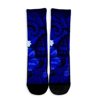 Hawaiian Map Big Turtle Hibiscus Plumeria Tribal Polynesian Crew Socks - Blue - AH - Polynesian Pride