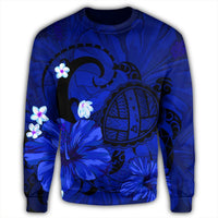 Hawaiian Map Big Turtle Hibiscus Plumeria Tribal Polynesian Sweatshirt - Blue - AH - Polynesian Pride