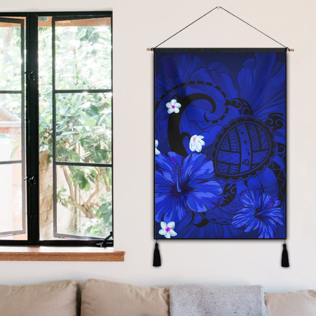 Hawaiian Map Big Turtle Hibiscus Plumeria Tribal Polynesian Hanging Poster - Blue - AH - Polynesian Pride