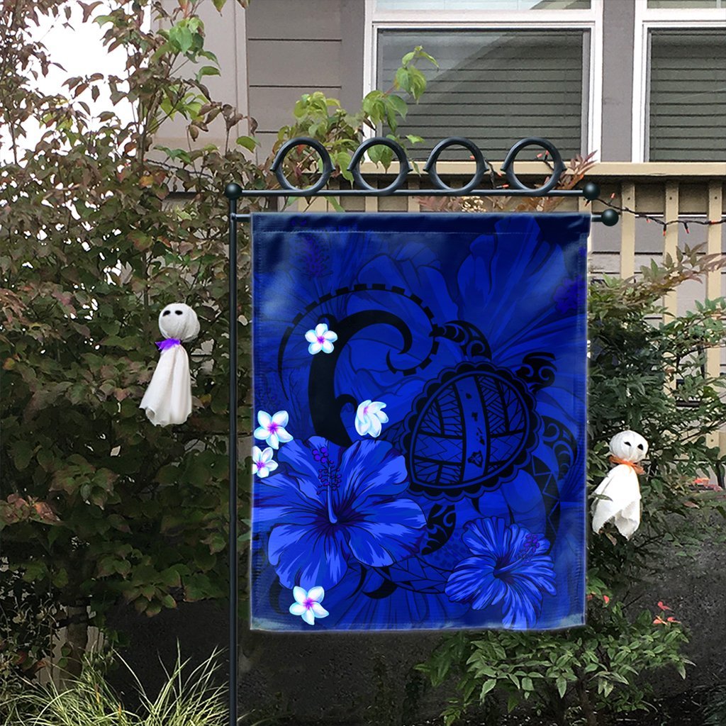 Hawaiian Map Big Turtle Hibiscus Plumeria Tribal Polynesian Flag - Blue - AH - Polynesian Pride
