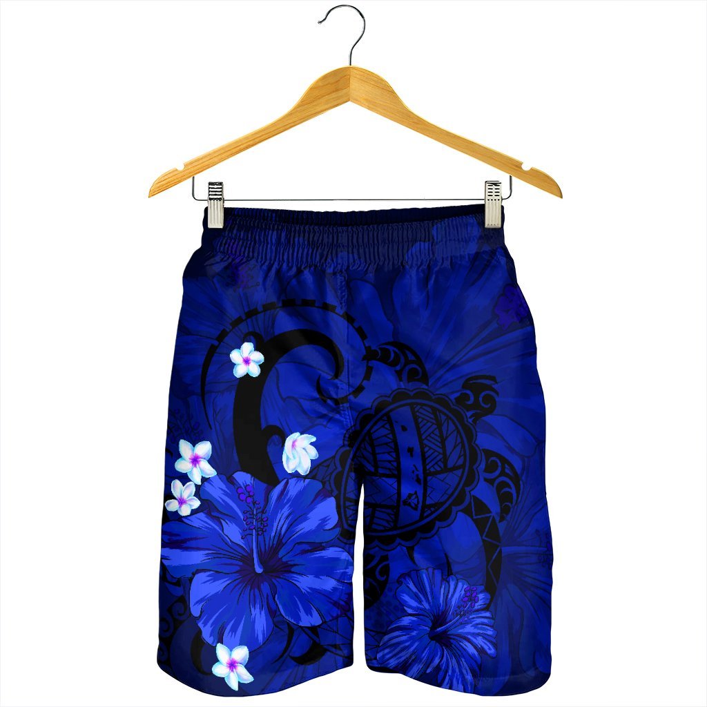 Hawaiian Map Big Turtle Hibiscus Plumeria Tribal Polynesian Men's Shorts - Blue - AH - Polynesian Pride