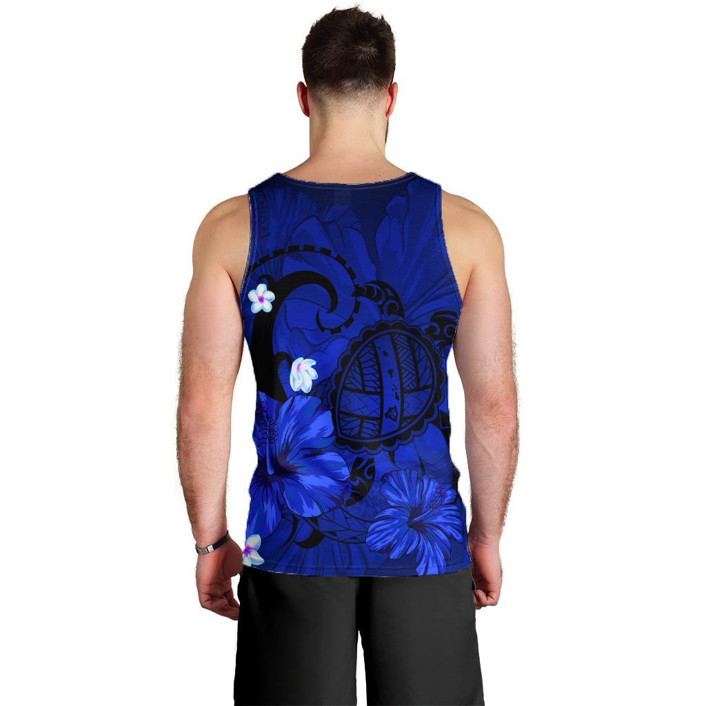 Hawaiian Map Big Turtle Hibiscus Plumeria Tribal Polynesian Tank Top - Blue - AH - Polynesian Pride