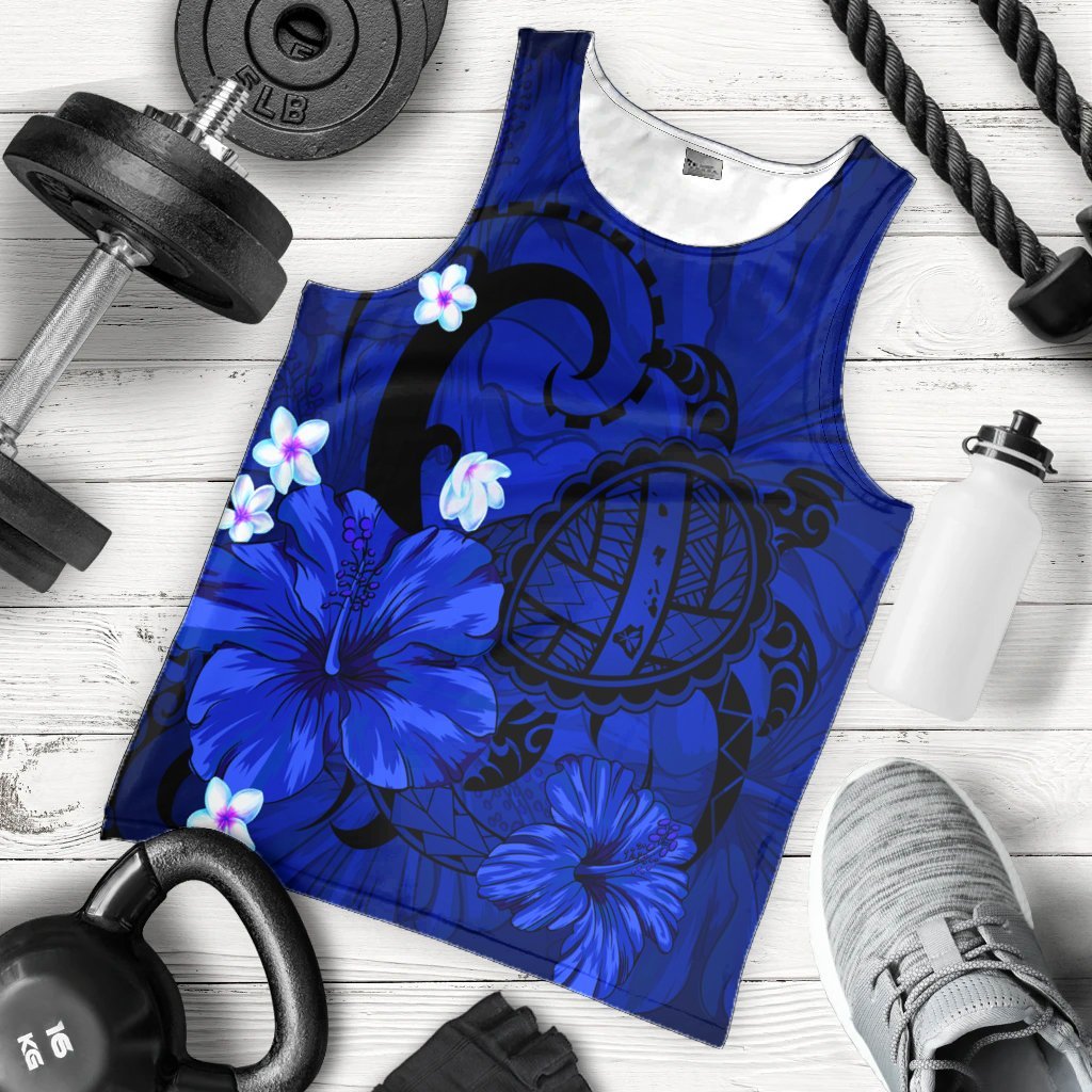 Hawaiian Map Big Turtle Hibiscus Plumeria Tribal Polynesian Tank Top - Blue - AH - Polynesian Pride