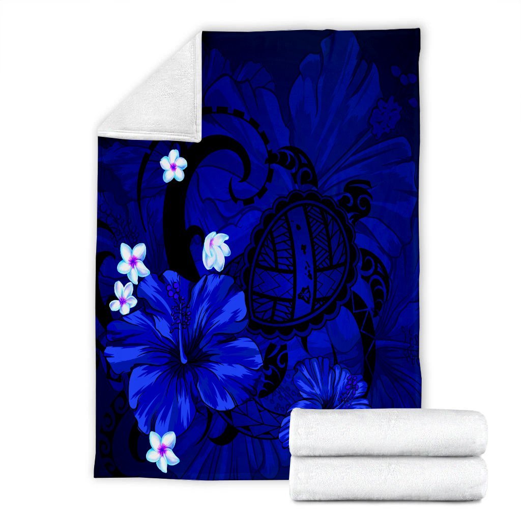 Hawaiian Map Big Turtle Hibiscus Plumeria Tribal Polynesian Premium Blankets - Blue - AH - Polynesian Pride