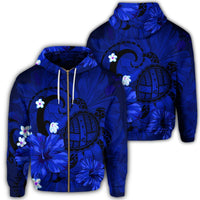 Hawaiian Map Big Turtle Hibiscus Plumeria Tribal Polynesian Zip Hoodie Blue Unisex Art - Polynesian Pride