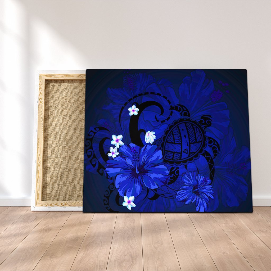Hawaiian Map Big Turtle Hibiscus Plumeria Tribal Polynesian Canvas - Blue - AH Canvas Poly-cotton - Polynesian Pride