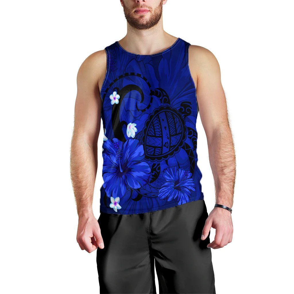 Hawaiian Map Big Turtle Hibiscus Plumeria Tribal Polynesian Tank Top - Blue - AH Black - Polynesian Pride